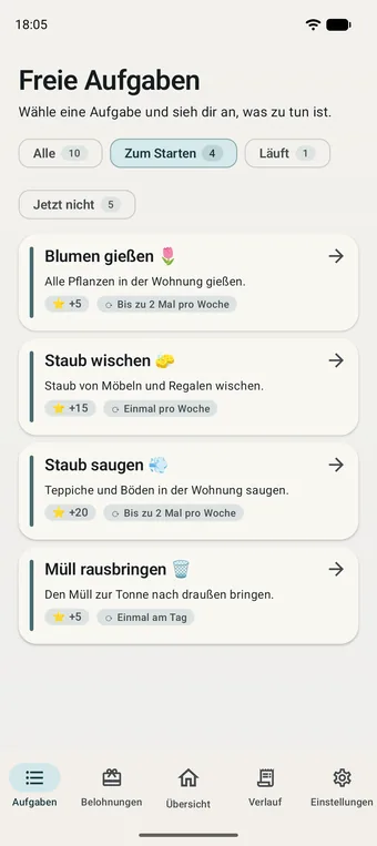 Bildschirm des Kindes: die Liste der Aufgaben, die heute möglich sind