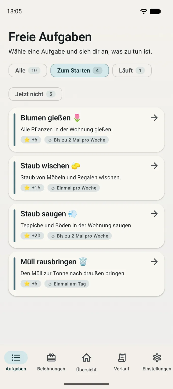 Aufgabenliste des Kindes mit den Punkten für jede Aufgabe