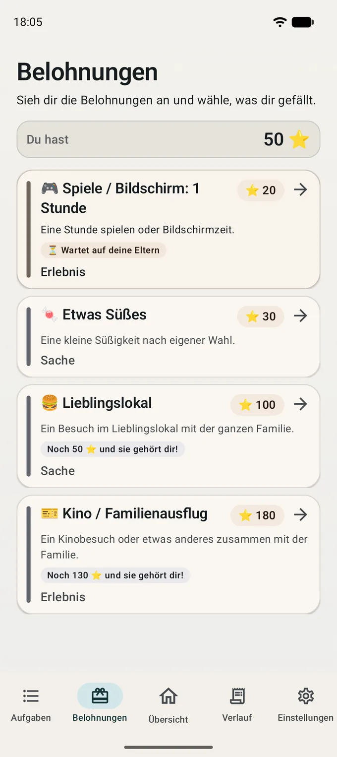 Bildschirm des Kindes: der Katalog der Belohnungen und wie viele Punkte noch fehlen