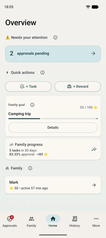 Adult screen: tasks awaiting review, the family goal and family members