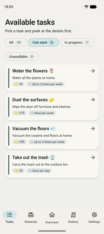 Child screen: the list of tasks available today