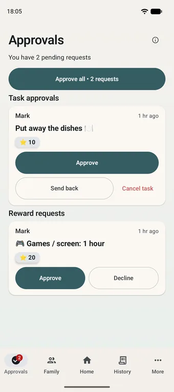 Approval screen: several completed tasks waiting for an adult to review