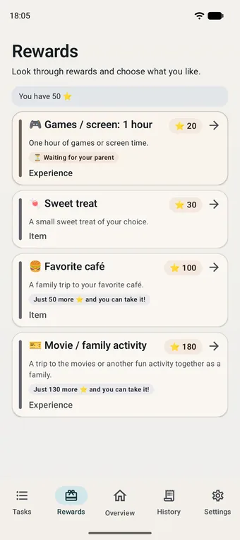 Child screen: the reward catalogue and how many points are left to save