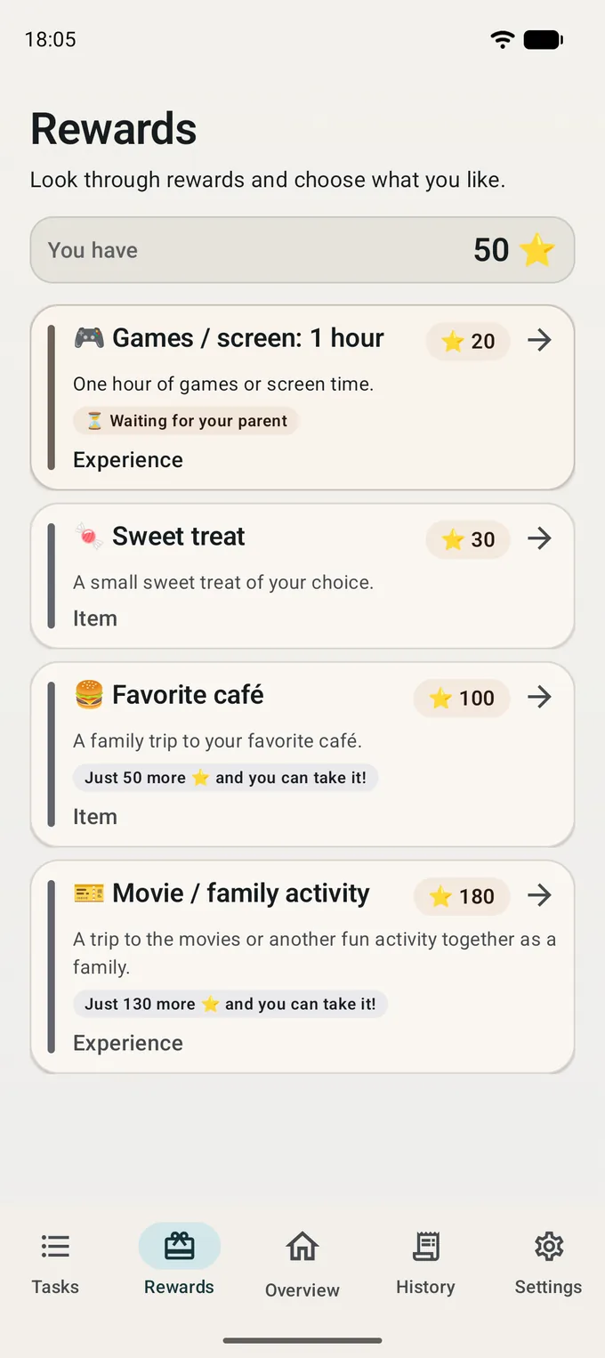 Child screen: the reward catalogue and how many points are left to save