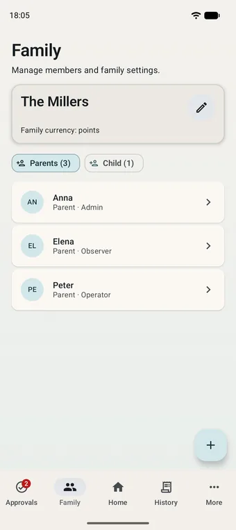 Family members screen with participant roles
