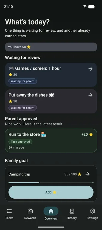 The child's screen in dark theme