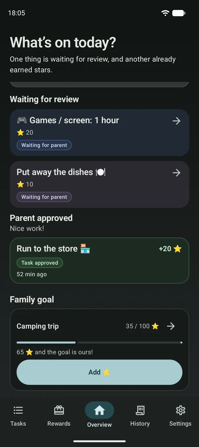 The child's screen in dark theme