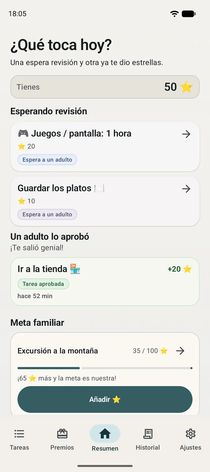 Lista de tareas del peque con los puntos de cada una