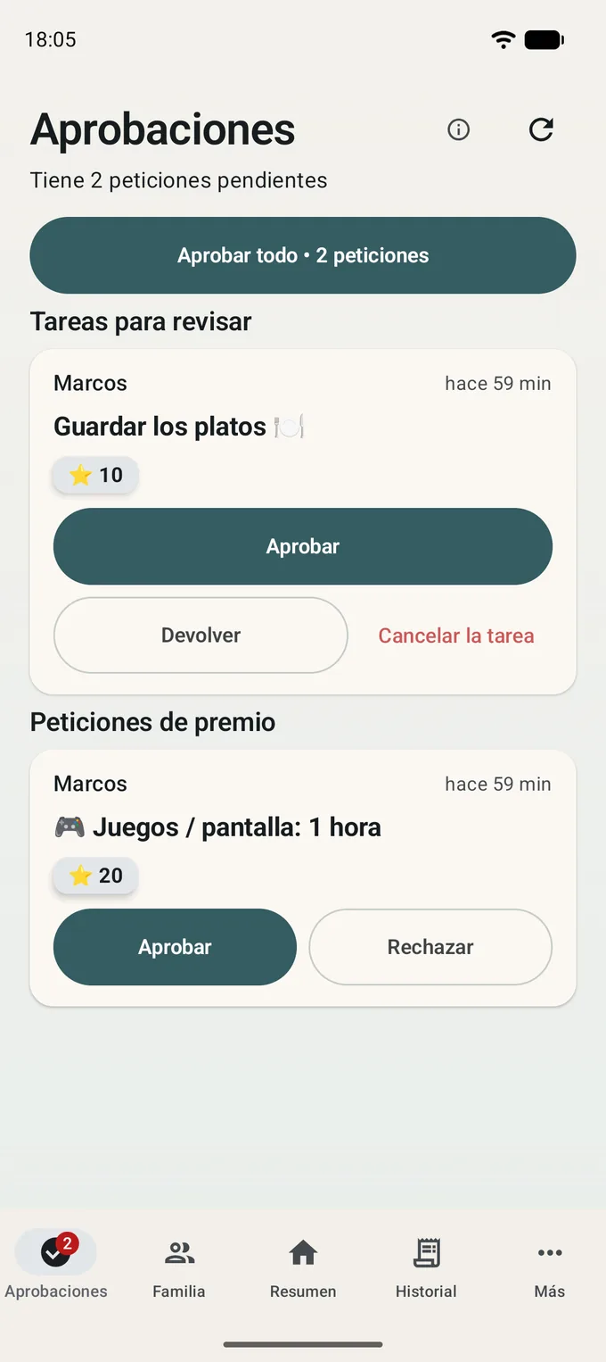 Pantalla de revisión: varias tareas hechas esperan la decisión de un adulto