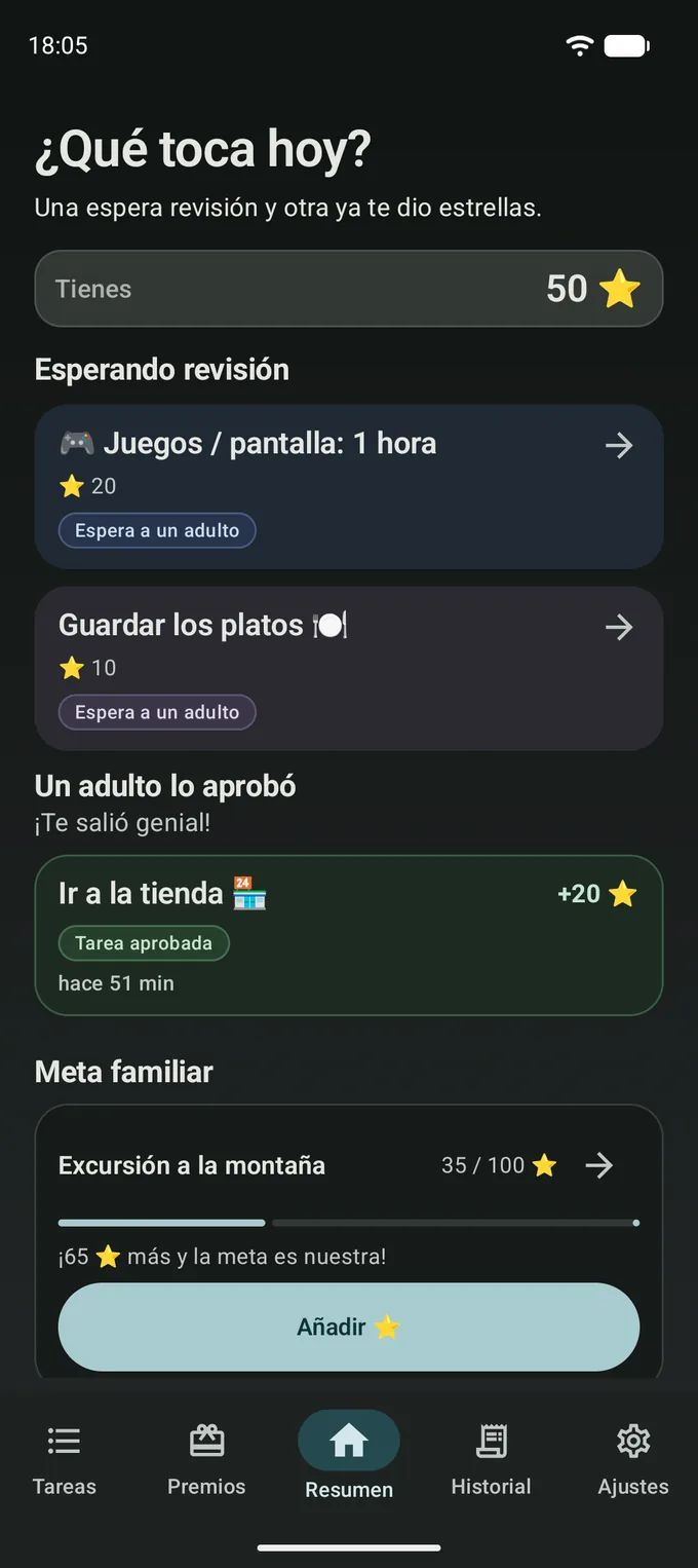 Pantalla del peque en tema oscuro