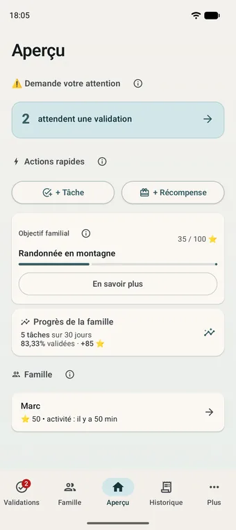 Écran de l’adulte : les tâches en validation, l’objectif familial et les membres de la famille