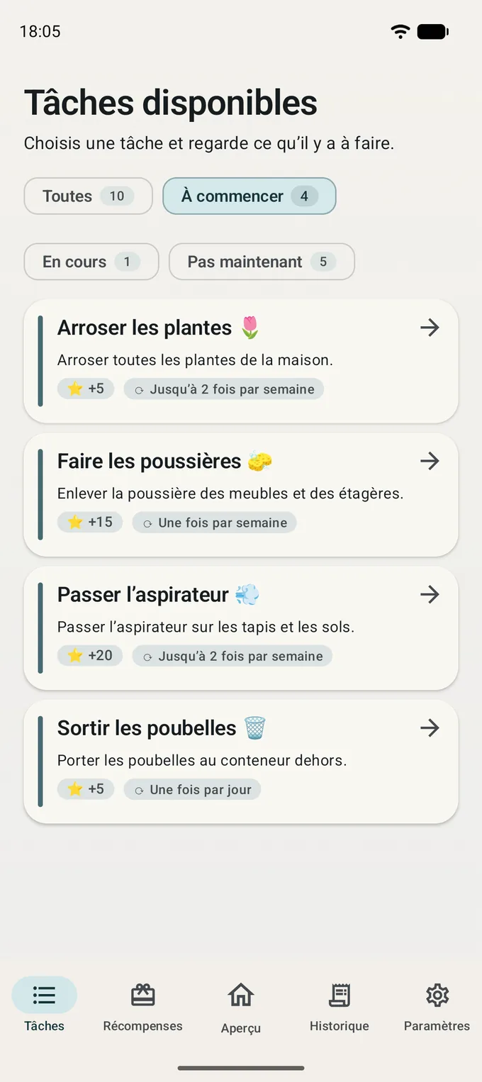 Liste des tâches de l’enfant avec les points de chacune
