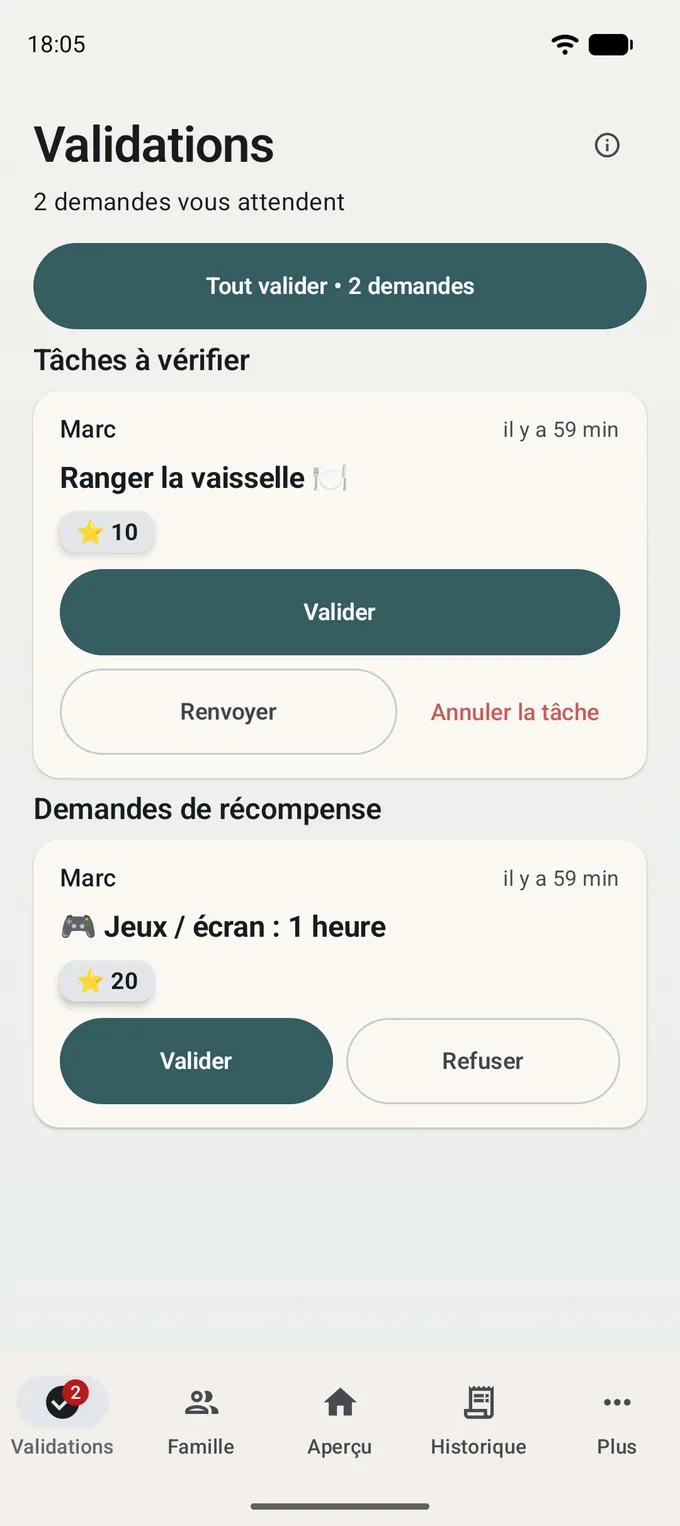 Écran de validation : plusieurs tâches faites attendent la décision d’un adulte