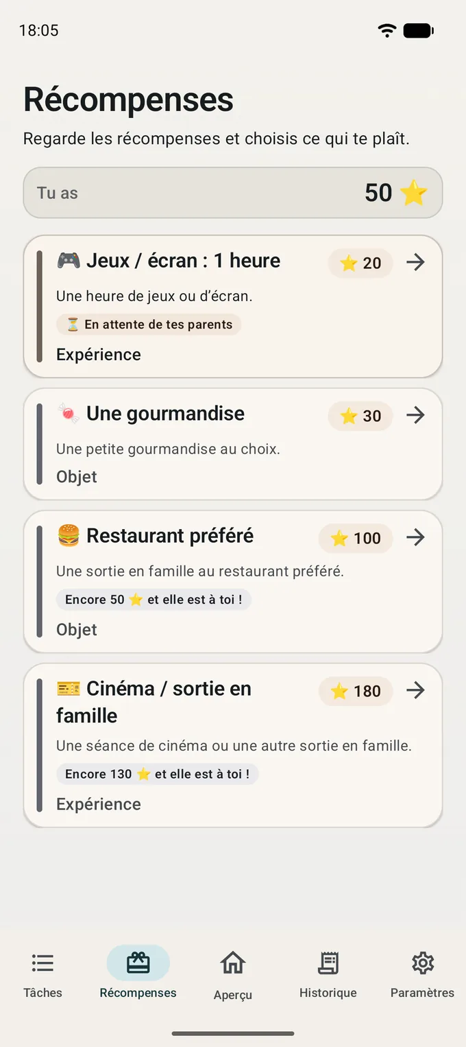 Écran de l’enfant : le catalogue des récompenses et les points qu’il reste à réunir