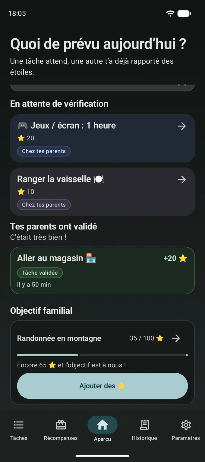 Écran de l’enfant en thème sombre