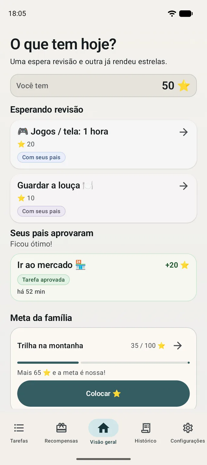 Lista de tarefas da criança com os pontos de cada uma