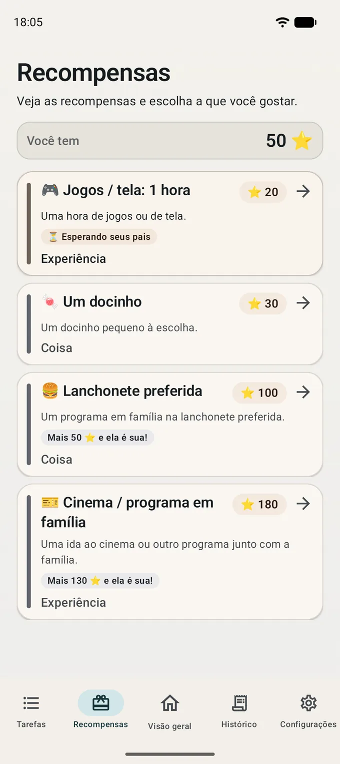 Tela da criança: o catálogo de recompensas e quantos pontos ainda faltam