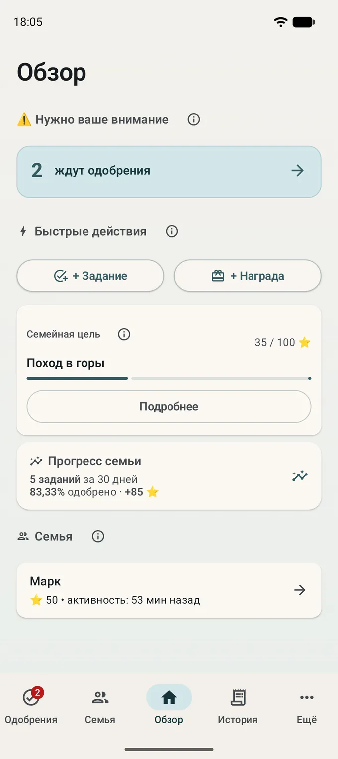 Экран обзора: задания на проверке, быстрые действия, прогресс семьи