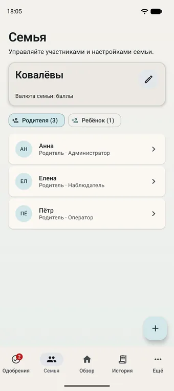 Экран состава семьи с ролями участников