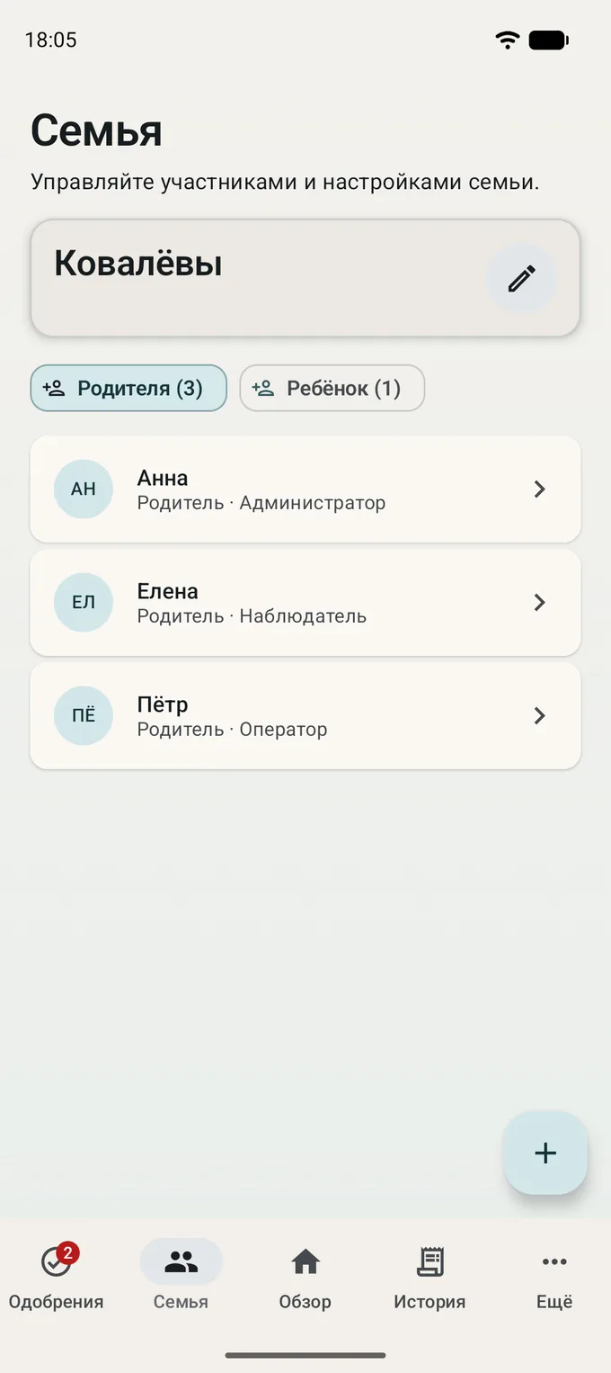 Экран состава семьи с ролями участников